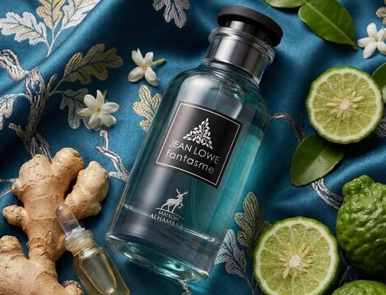 Maison Alhambra Jean Lowe Fantasme — A clear perfume bottle with a black label featuring white text and a deer logo, surrounded by bergamot slices, ginger root, jasmine flowers, and green leaves on a blue patterned fabric. | Maison Alhambra Jean Lowe Fantasme — Botol minyak wangi jernih dengan label hitam bertulis