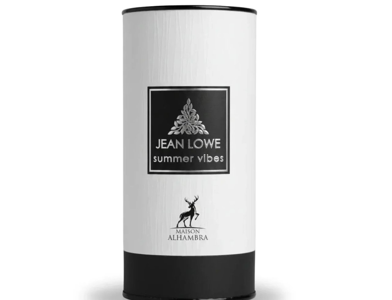 Maison Alhambra Jean Lowe Summer Vibes 100ml — Botol silinder putih bertekstur dengan penutup atas dan bawah hitam. Label segi empat tepat hitam dengan tulisan 'JEAN LOWE summer vibes' dan logo pokok perak. Logo rusa perak di bawah label.