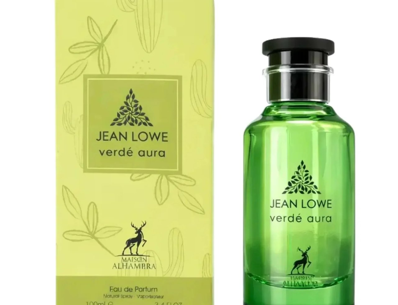Maison Alhambra Jean Lowe Verde Aura 100ml — Botol kaca hijau terang berisi wangian, bersama kotak hijau muda berhias kaktus dan daun, serta logo rusa