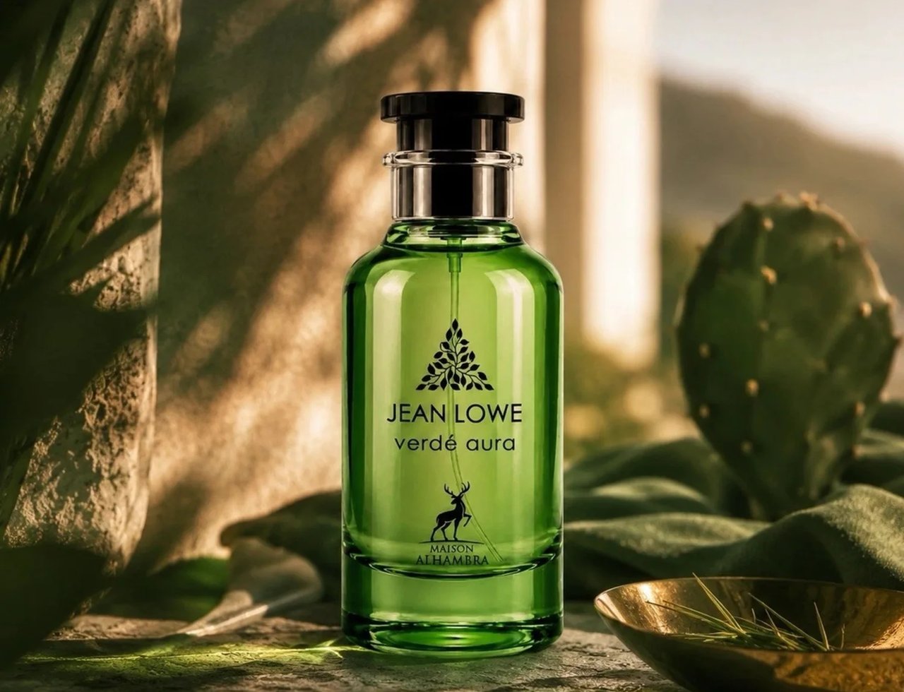 Maison Alhambra Jean Lowe Verde Aura 100ml — A green glass perfume bottle with a black cap sits on a textured surface, with a cactus and draped fabric in the background. | Maison Alhambra Jean Lowe Verde Aura 100ml — Botol kaca hijau dengan penutup hitam diletakkan di atas permukaan bertekstur, dengan kaktus dan