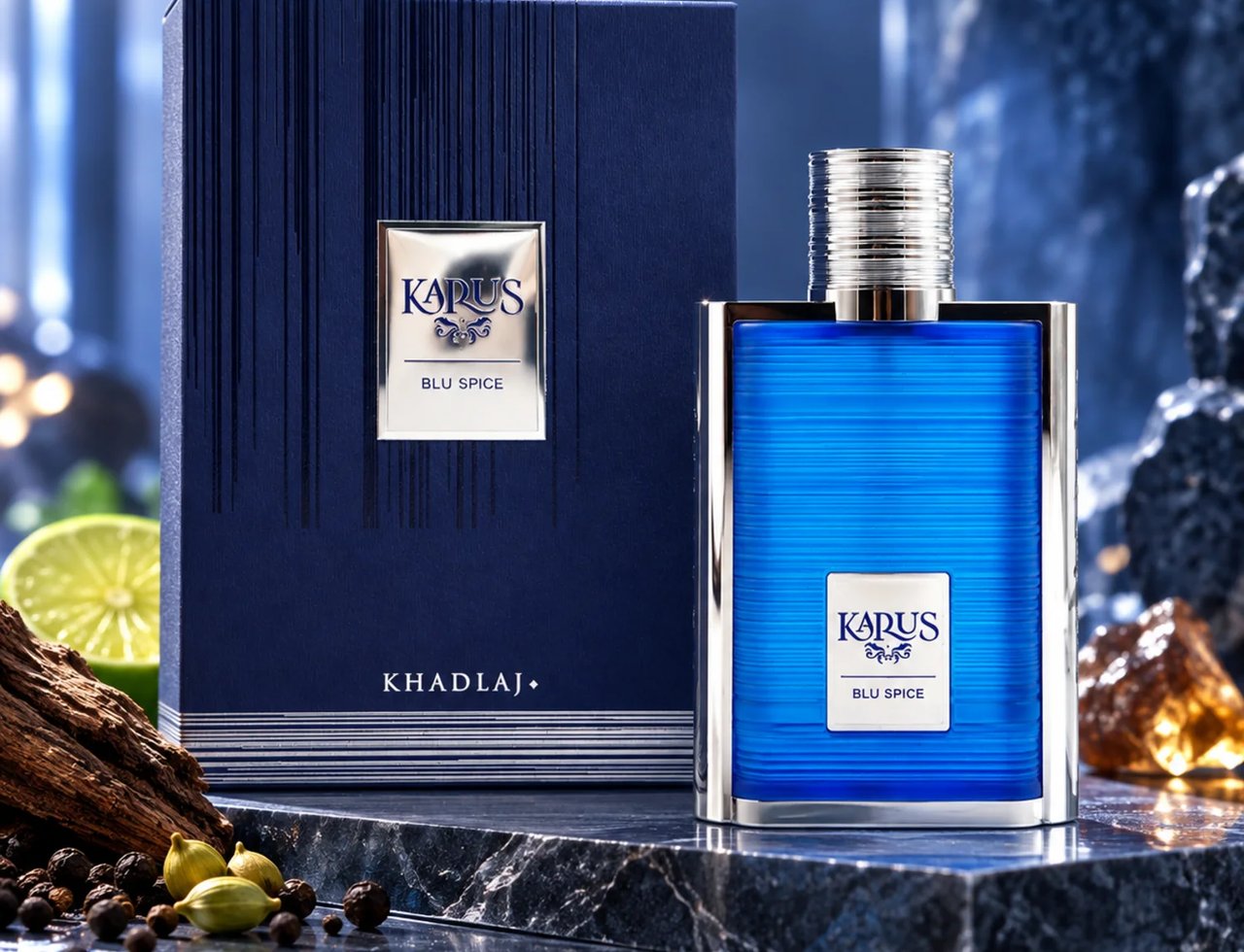 Khadlaj Karus Blu Spice — Botol minyak wangi kaca biru dengan penutup perak, bersebelahan kotak biru gelap bertekstur, bersama lada hitam, buah pelaga, kayu, dan hirisan limau di permukaan reflektif.
