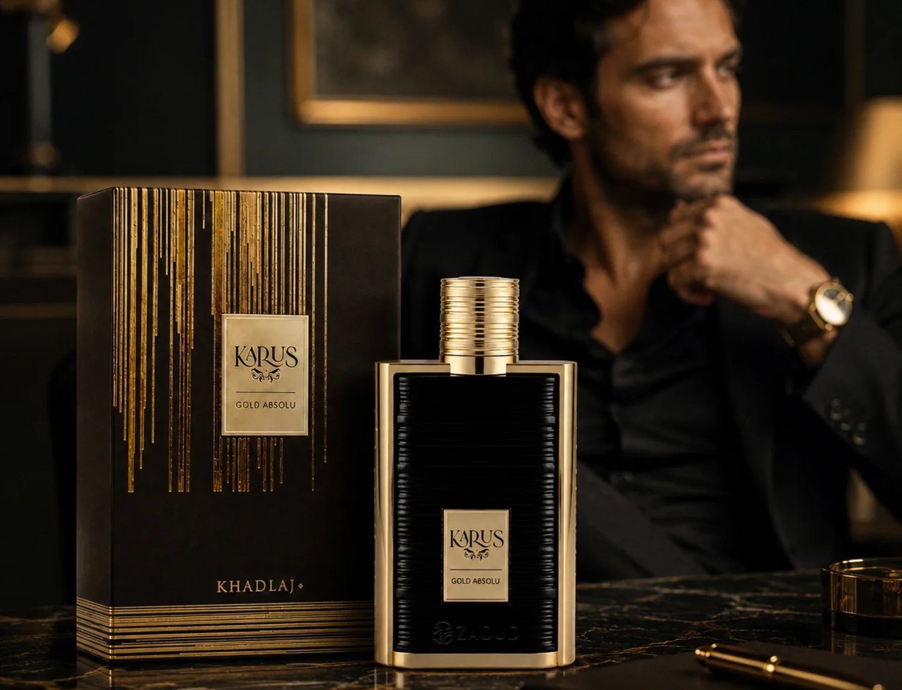 Khadlaj Karus Gold Absolu oleh Khadlaj 100ml EDP Unisex — Botol minyak wangi hitam dengan penutup berjalur emas dan aksen emas, di sebelah kotak sepadan berjalur hitam dan emas, dengan seorang lelaki berbaju hitam di latar belakang.