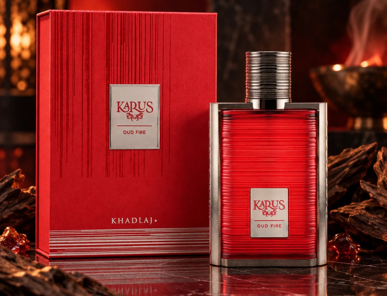 Karus Oud Fire oleh Khadlaj — Kotak merah bertekstur dan botol minyak wangi kaca merah bertutup perak berjalur, di atas permukaan marmar gelap bersama serpihan kayu oud dan titisan seperti amber, dengan latar belakang hangat berasap.