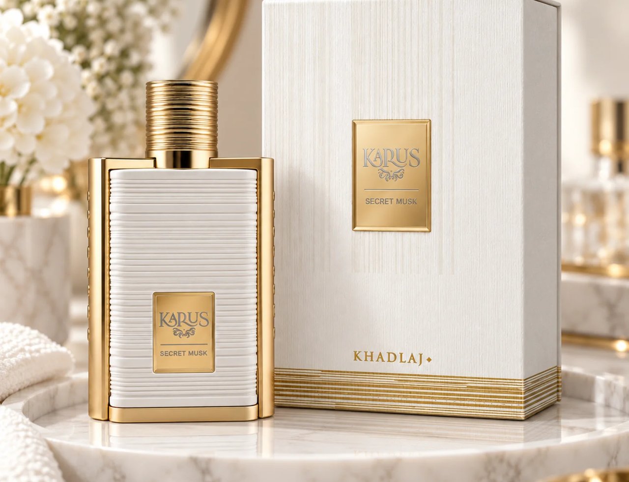 Karus Secret Musk by Khadlaj — White and gold ribbed perfume bottle and matching box displayed on a marble tray with white towels and flowers.