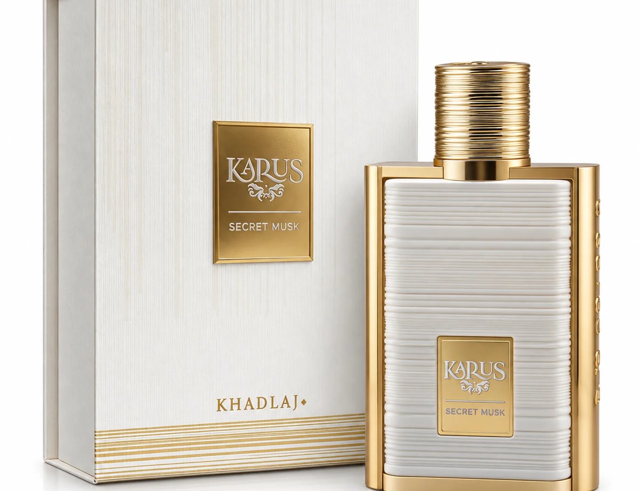 Karus Secret Musk oleh Khadlaj — Kotak putih bertekstur dengan aksen emas di sebelah botol minyak wangi berbingkai emas dengan perincian bergaris putih dan penutup berlubang emas.