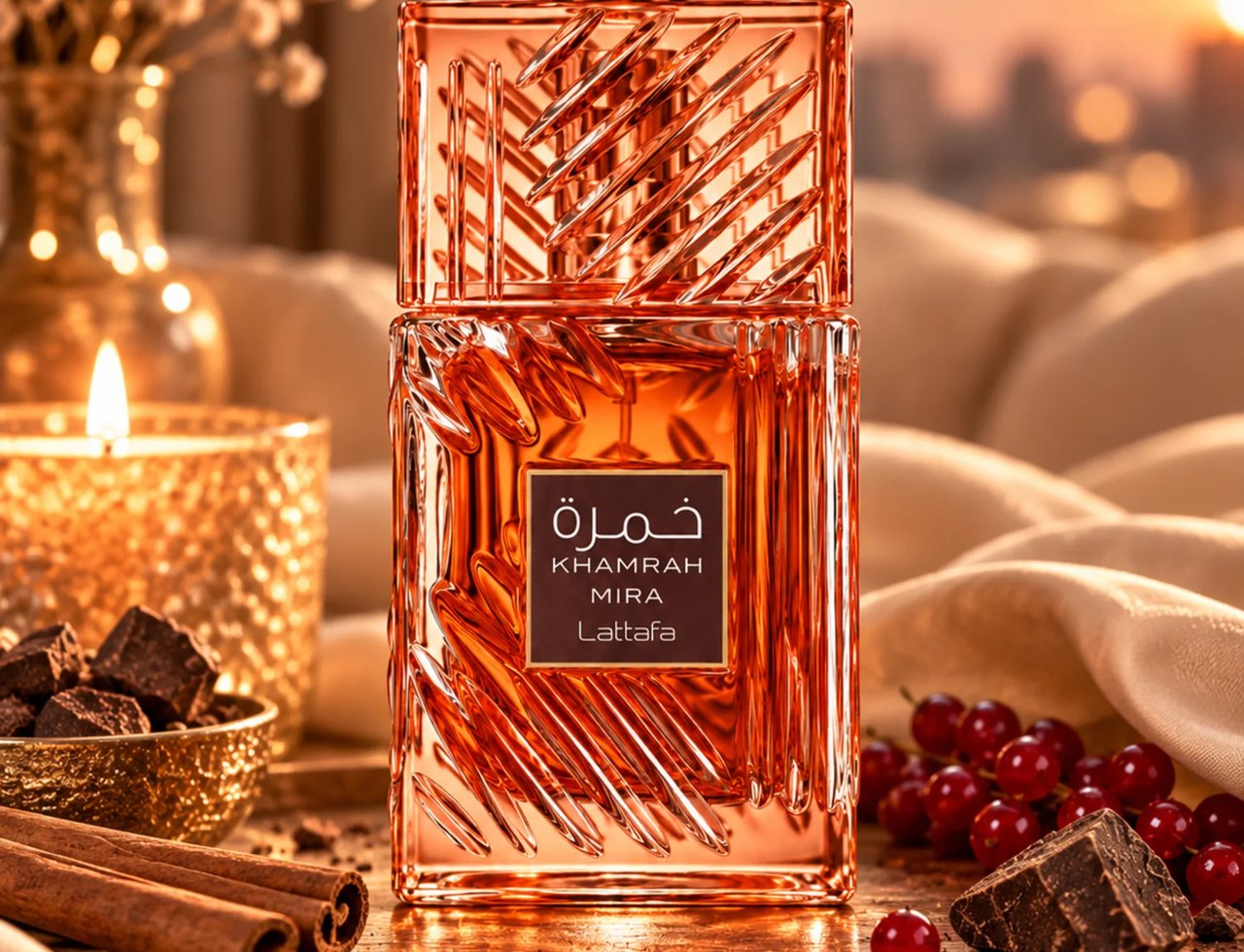 Lattafa Khamrah Mira — Botol minyak wangi ton ambar dengan penutup kaca geometri yang rumit, di latar belakang lembut dan hangat dengan cahaya berbintik.