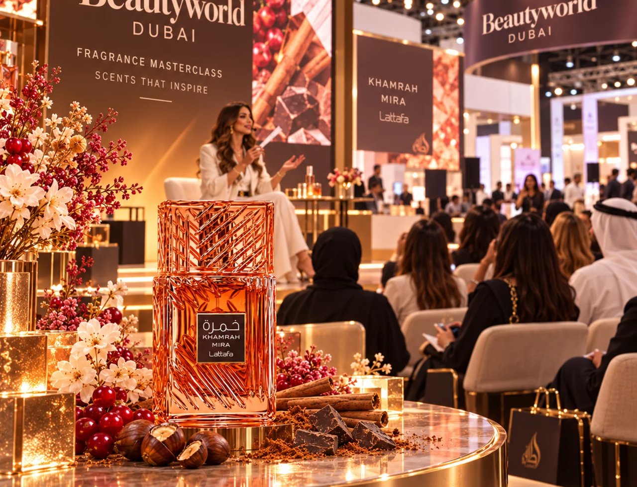 Lattafa Khamrah Mira — Amber-toned perfume bottle with intricate geometric glass cap, set against a soft, warm background with dappled light.