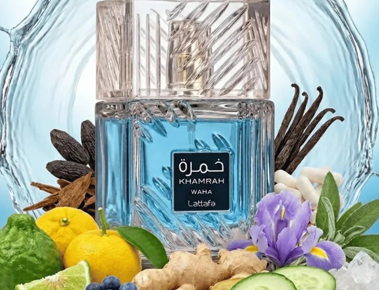 Lattafa Khamrah Waha Lattafa Perfumes 100ml EDP — A clear glass perfume bottle with blue liquid, surrounded by fresh ingredients like lemons, blueberries, ginger, cucumber slices, and vanilla beans, with a splash of water in the background. | Lattafa Khamrah Waha Lattafa Perfumes 100ml EDP — Botol kaca jernih dengan