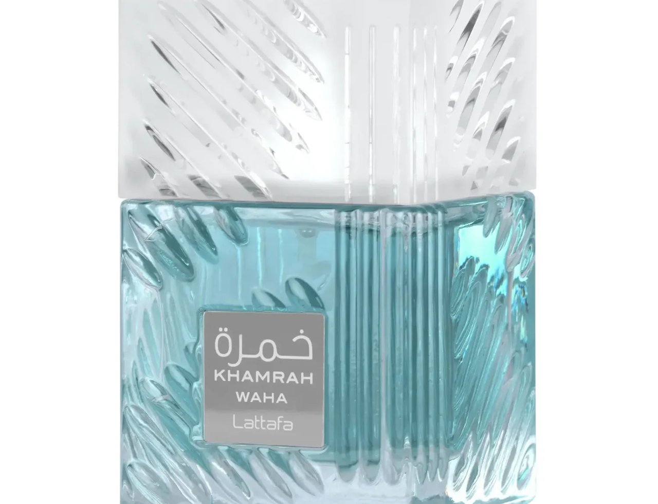 Lattafa Khamrah Waha Lattafa Perfumes 100ml EDP — Botol kaca biru jernih bertekstur dengan penutup kristal bergaris, label kelabu dengan tulisan emas