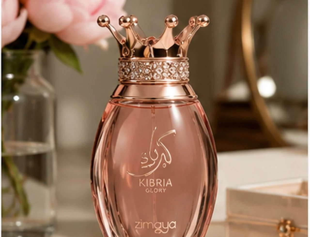 Zimaya Kibria Glory — Botol minyak wangi rose gold dengan penutup bentuk mahkota bertatah kristal, latar belakang lembut dengan bunga peony merah jambu dan cermin emas.