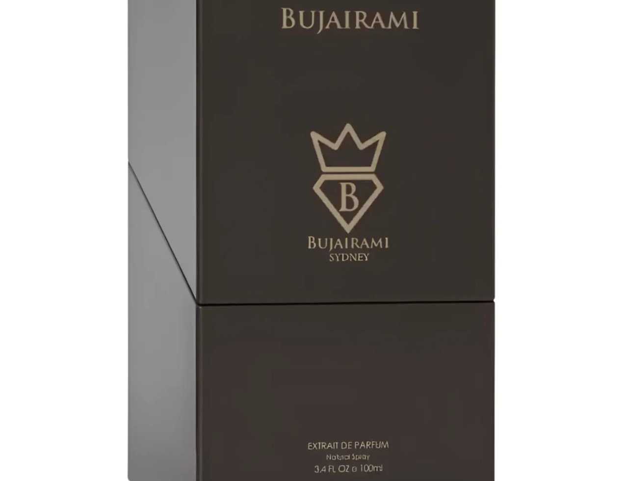 Bujairami Kingsman by Bujairami 100ml Extrait de Parfum — Dark brown rectangular perfume box with gold logo and text, featuring a crown and letter B, with text 'EXTRAIT DE PARFUM Natural Spray 3.4 FL OZ e 100ml' at the bottom.
