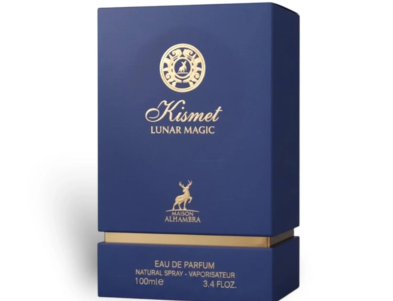 Maison Alhambra Kismet Lunar Magic 100ml — Kotak minyak wangi biru gelap dengan logo emas, tulisan Kismet dan Lunar Magic, serta rusa Maison Alhambra di bahagian bawah