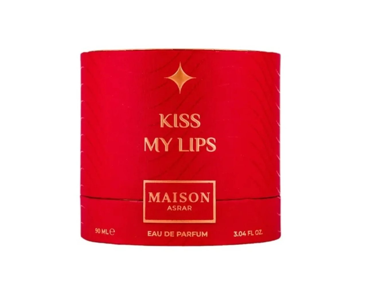 Maison Asrar Kiss My Lips by Maison Asrar 90ml EDP Unisex — Kotak silinder merah dengan bintang emas dan tulisan 'KISS MY LIPS', 'MAISON ASRAR', 'EAU DE PARFUM', '90 MLE', dan '3.04 FL OZ'.