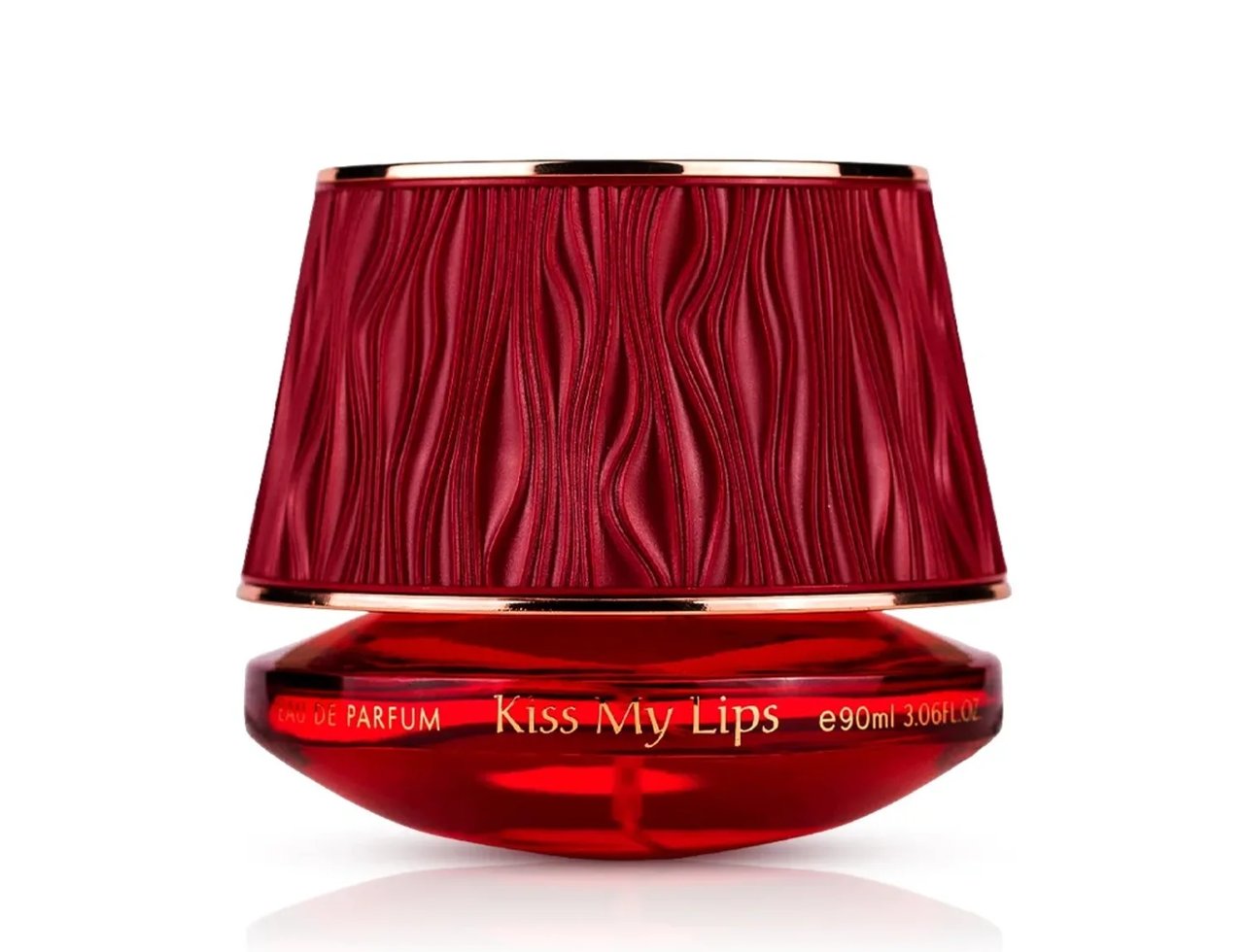 Maison Asrar Kiss My Lips by Maison Asrar 90ml EDP Unisex — Red textured cap with gold trim on a glossy red oval base, text 'Kiss My Lips' visible.