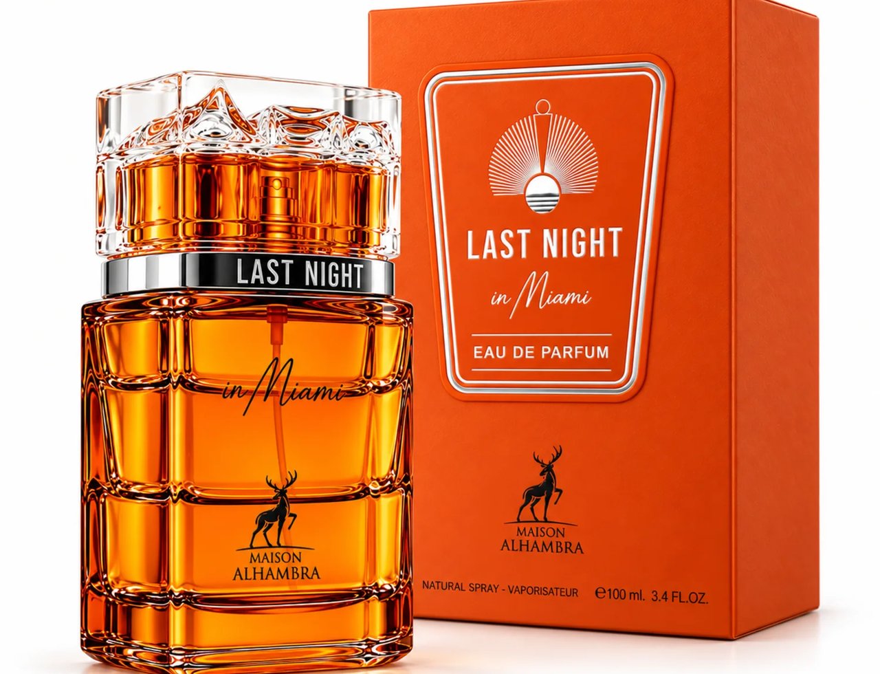 Maison Alhambra Last Night in Miami Eau de Parfum — Botol minyak wangi kaca perang dengan penutup jernih berfaset dan jalur perak, bersebelahan kotak pembukaannya yang berwarna jingga dengan rekaan pancaran matahari.