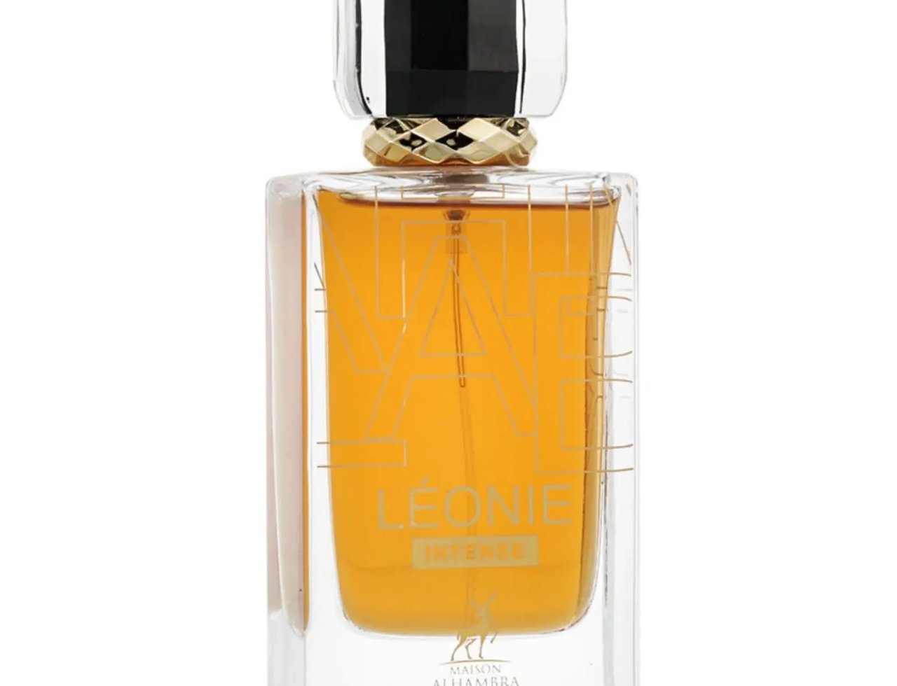 Maison Alhambra Leonie Intense by Maison Alhambra 100ml — Botol kaca jernih berisi cecair perang keemasan, dengan penutup hitam berkilat dan cincin emas bertekstur di leher botol. Logo Maison Alhambra kelihatan di bahagian bawah.