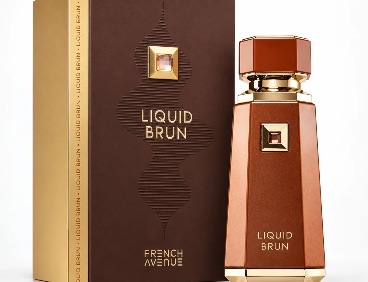 French Avenue Liquid Brun — Brown perfume bottle with gold accents and cap, next to its matching brown and gold box with embossed wavy design and gem detail.