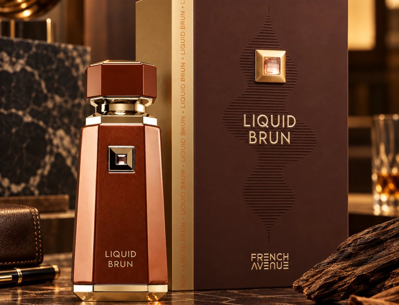French Avenue Liquid Brun — Botol minyak wangi kaca coklat dengan perincian emas dan penutup, bersebelahan kotak coklat emasnya, di atas permukaan marmar bersama serpihan kayu dan aksesori kulit.