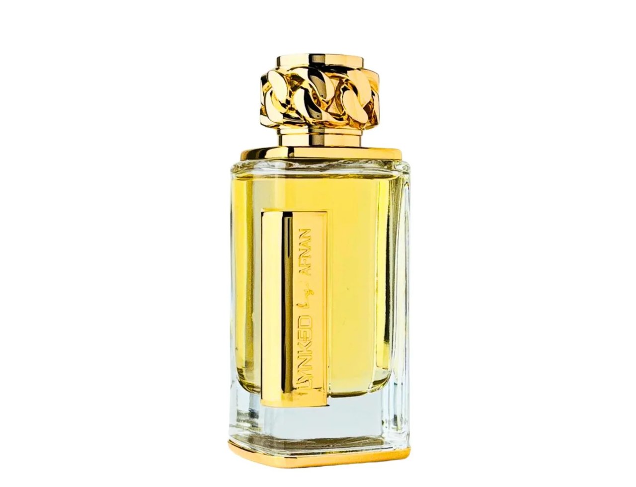 Afnan Lynked Forever by Afnan 100ml Eau De Parfum — Botol minyak wangi kaca jernih berisi cecair kuning, bertutup emas bentuk rantai dan plak emas bertekstur timbul.