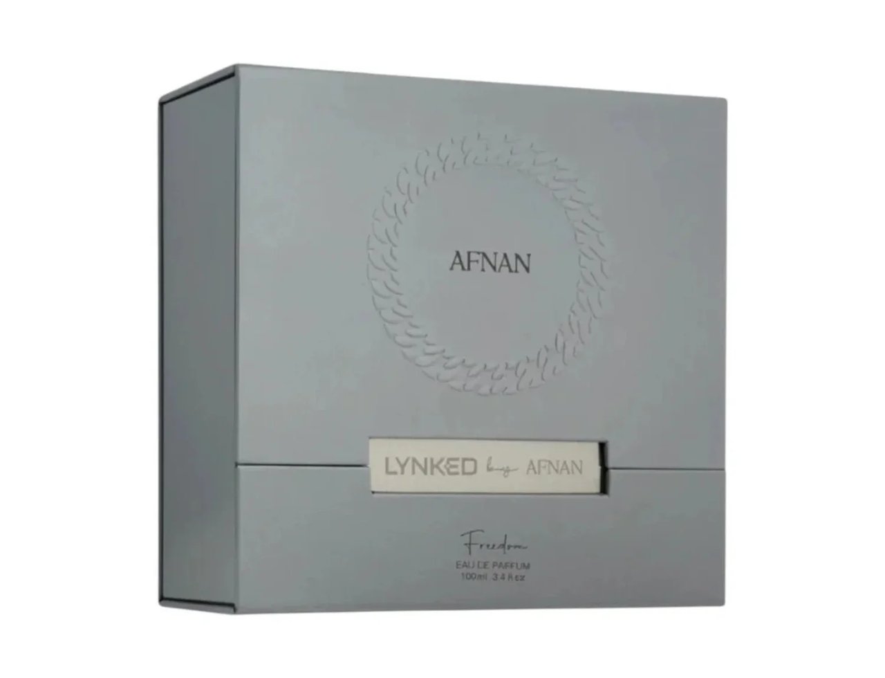 Afnan Lynked Freedom by Afnan — Kotak minyak wangi kelabu berbentuk segi empat sama dengan corak bulatan timbul dan nama jenama 'AFNAN' di atas. Label perak bertulis 'LYNKED by AFNAN' di tengah bawah. 'Freedom' dan 'EAU DE PARFUM 100ml 3.4fl.oz' dicetak di bahagian bawah.