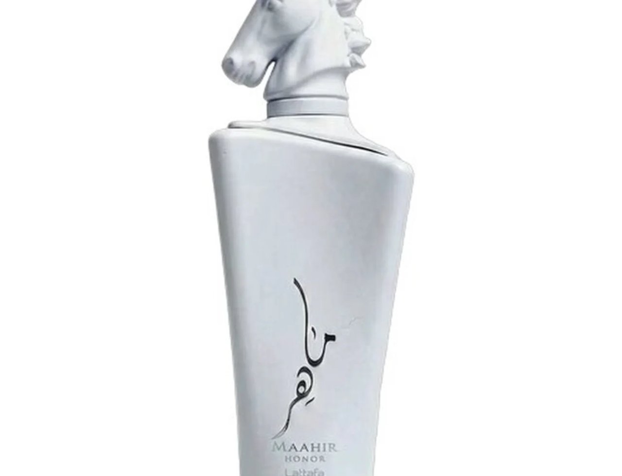 Lattafa Maahir Honor 100ml by Lattafa — White perfume bottle with a white unicorn head cap, featuring Arabic calligraphy and text on the front | Lattafa Maahir Honor 100ml oleh Lattafa — Botol minyak wangi putih dengan penutup kepala unicorn putih, menampilkan kaligrafi Arab dan teks di bahagian hadapan