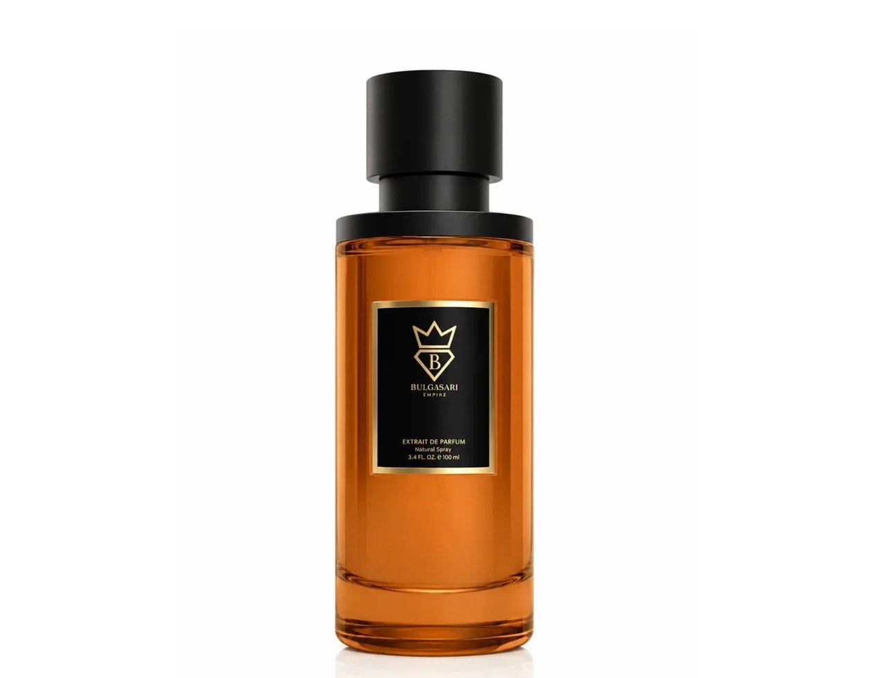 Bujairami Mad Love Bujairami 100ml Extrait Unisex — Amber glass perfume bottle with a black cap and a black label featuring a golden crown and 'B' logo, set against a white background.