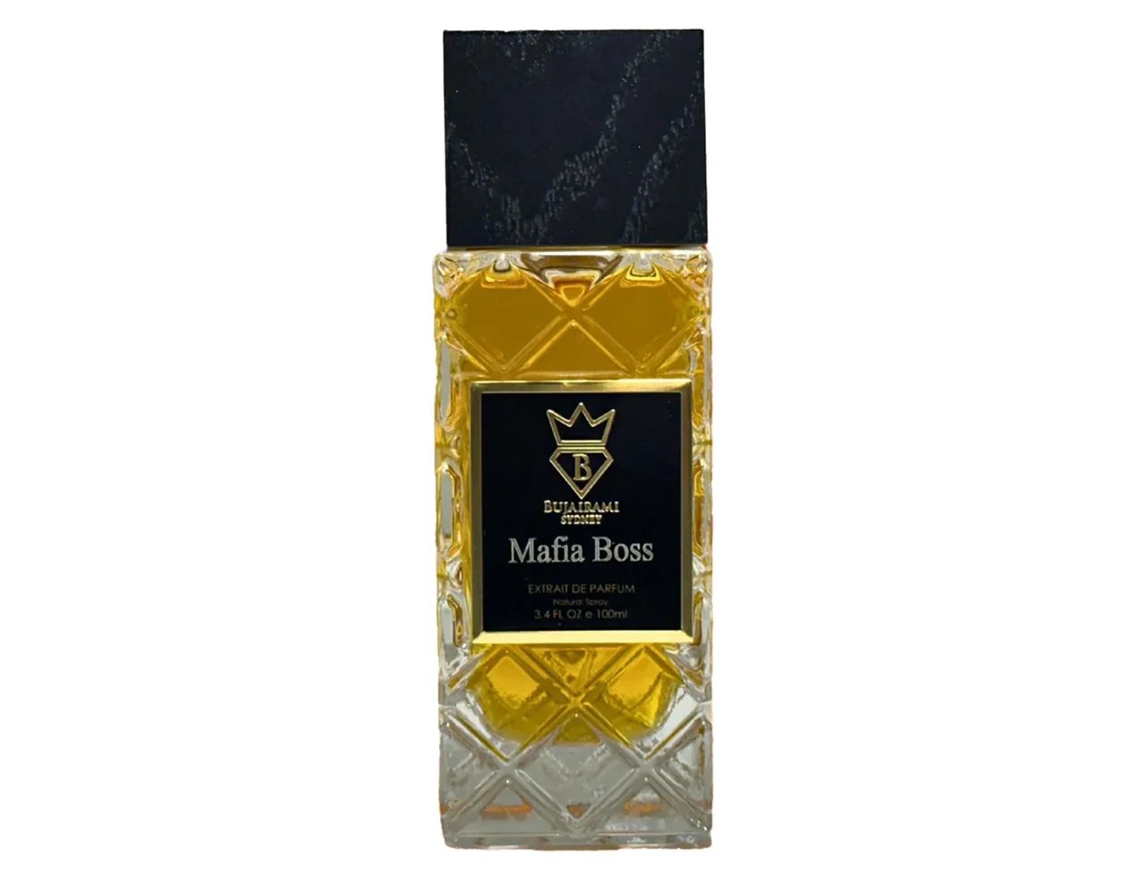 Bujairami Mafia Boss by Bujairami 100ml Extrait de Parfum — Botol minyak wangi kaca tinggi berisi cecair keemasan, corak berlian bertekstur pada kaca, penutup bertekstur hitam, label hitam dengan mahkota dan tulisan emas.