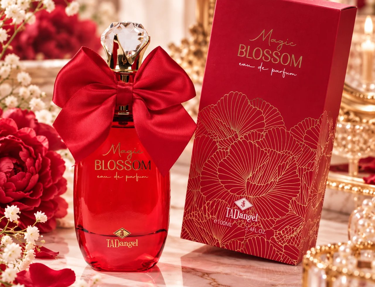 TADangel Magic Blossom — Botol minyak wangi kaca merah bertali reben satin merah besar, penutup kristal, dan perincian emas, bersebelahan kotak bercorak bunga merah di atas permukaan marmar bersama mawar merah dan bunga ekor kucing.
