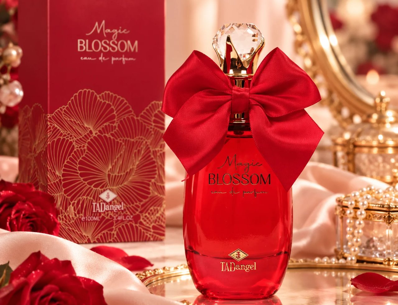 TADangel Magic Blossom — Red perfume bottle with a large red bow and crystal cap, next to its red floral box, on a silk cloth with red roses.