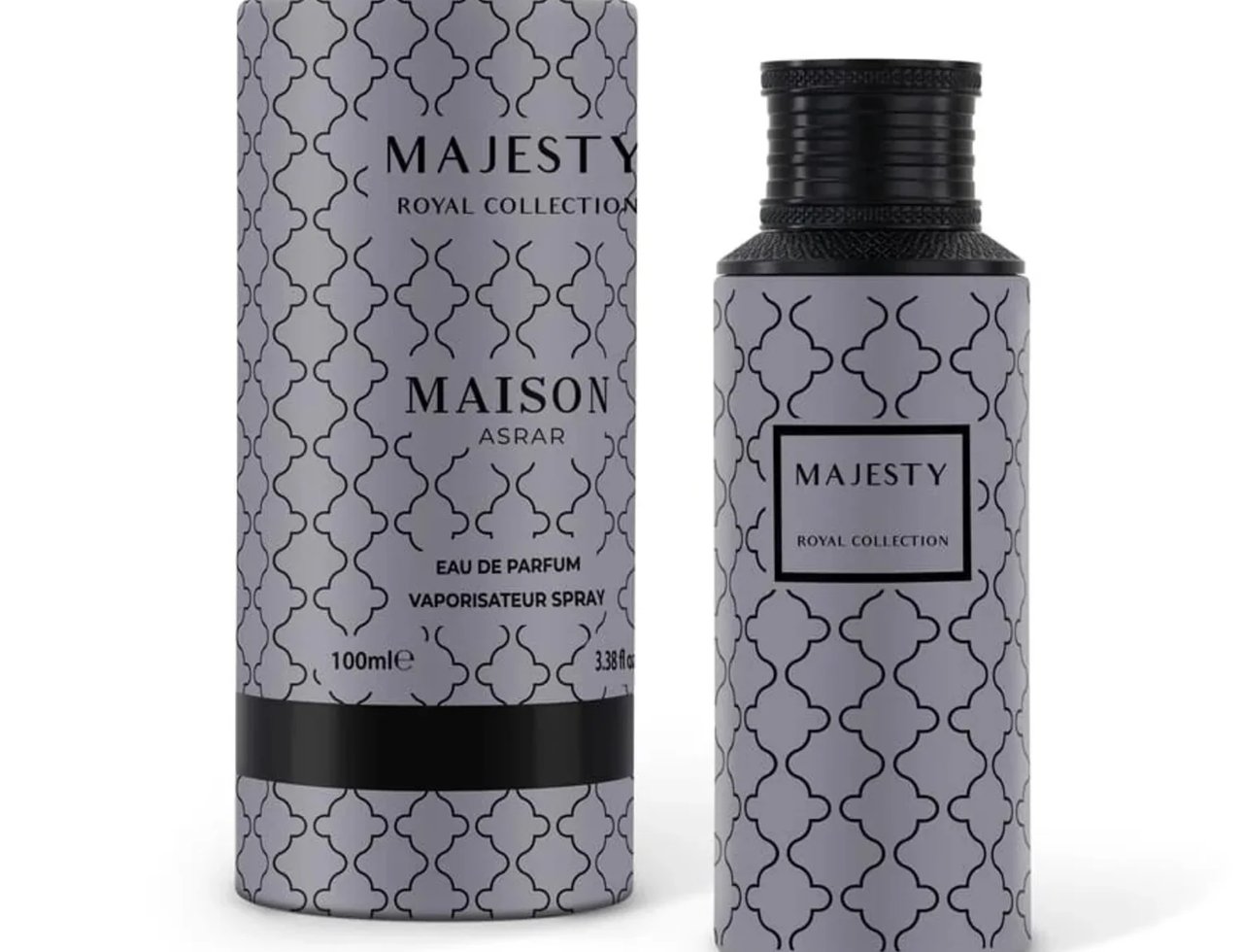 Majesty by Maison Asrar 100ml EDP Unisex — Cylindrical patterned box and matching bottle, both with grey and black geometric design, white background