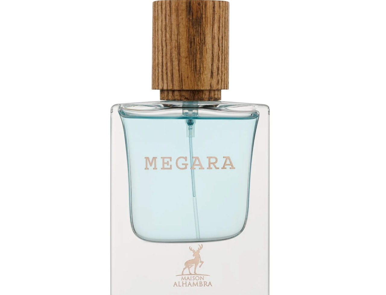 Maison Alhambra Megara — Botol minyak wangi kaca jernih dengan penutup kayu, cecair biru muda di dalam, dan logo rusa Maison Alhambra di bahagian bawah.
