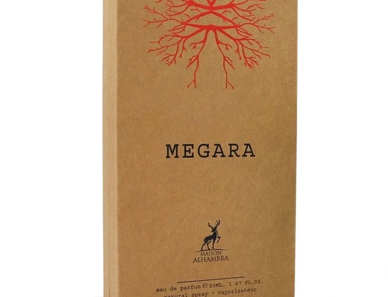 Maison Alhambra Megara 50ml — A brown cardboard perfume box with a red tree branch illustration at the top, the name MEARA in black text, and a deer silhouette logo with 'MAISON ALHAMBRA' below it. | Maison Alhambra Megara 50ml — Kotak minyak wangi kadbod coklat dengan ilustrasi dahan pokok merah di bahagian atas