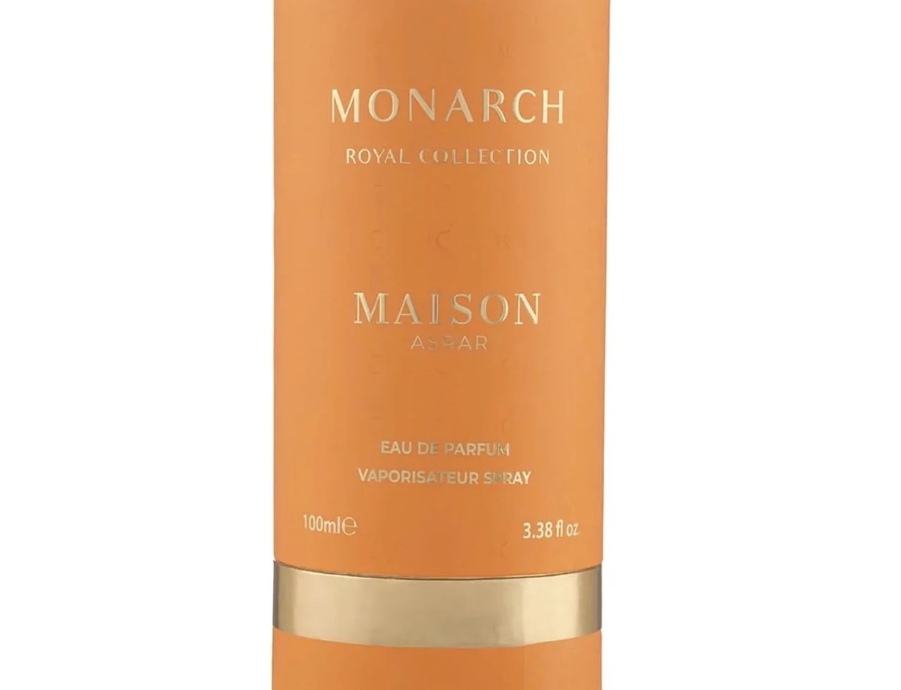 Maison Asrar Monarch Royal Collection — Orange cylindrical perfume bottle with gold accents, showing brand name, collection name, and volume.
