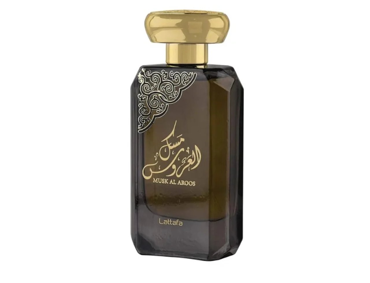 Lattafa Musk Al Aroos by Lattafa 80ml EDP — A rectangular dark glass perfume bottle with a gold cap and ornate gold Arabic calligraphy on the front. | Lattafa Musk Al Aroos by Lattafa 80ml EDP — Botol minyak wangi kaca gelap berbentuk segi empat dengan penutup emas dan kaligrafi Arab emas berhias di hadapan.