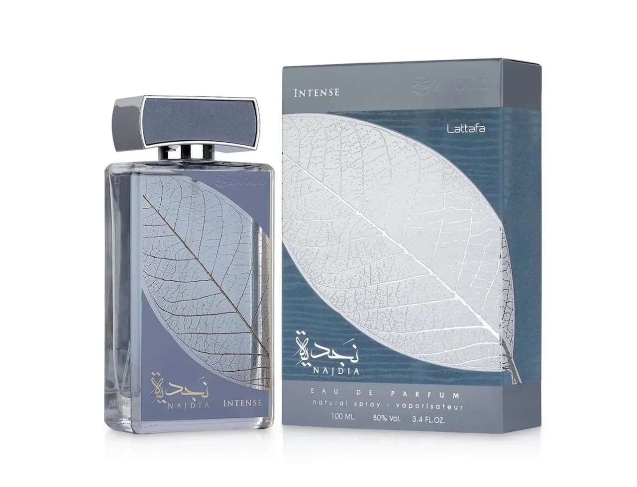 Lattafa Najdia Intense by Lattafa 100ml EDP Men — Clear glass perfume bottle with a grey cap and a silver leaf design on the front, next to its matching grey and blue box with a large silver leaf.
