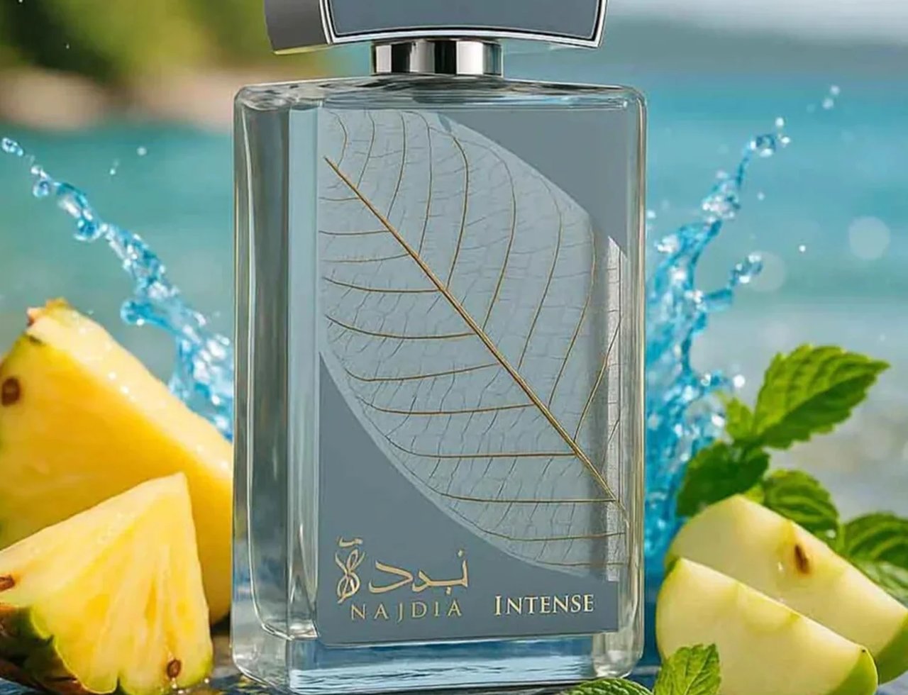 Lattafa Najdia Intense by Lattafa 100ml EDP Men — Kotak dan botol dengan rekaan daun, ton kelabu dan biru, latar belakang putih