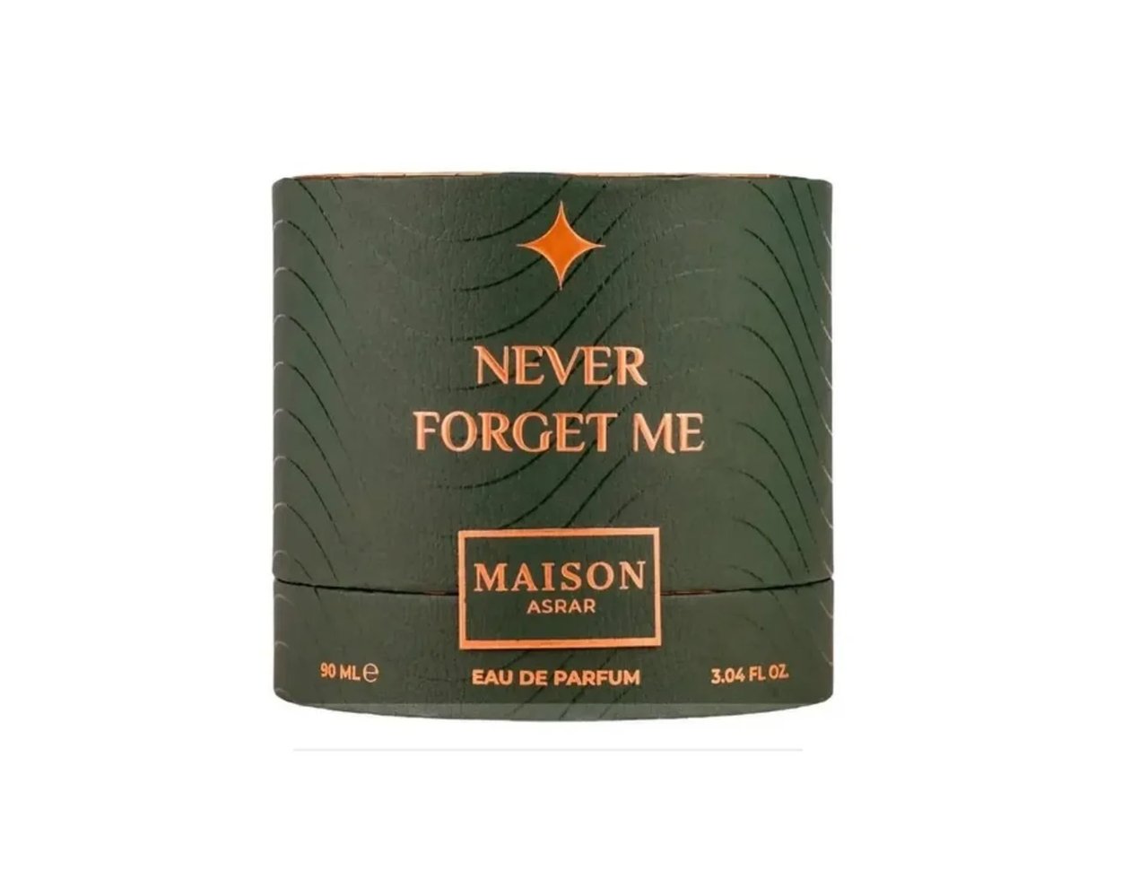 Maison Asrar Never Forget Me — Kotak silinder hijau bertekstur bergelombang dan lambang bintang emas, memaparkan teks 'NEVER FORGET ME', 'MAISON ASRAR', 'EAU DE PARFUM', '90 ML e', dan '3.04 FL OZ'.