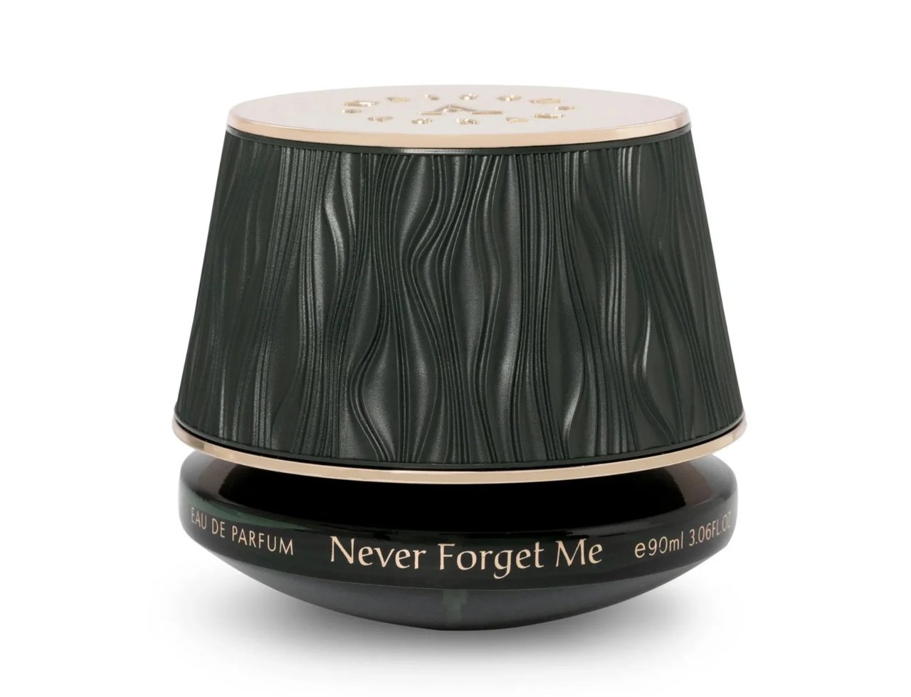 Maison Asrar Never Forget Me by Maison Asrar 90ml EDP Women — A dark green textured perfume bottle with a gold lid and gold lettering on the base.