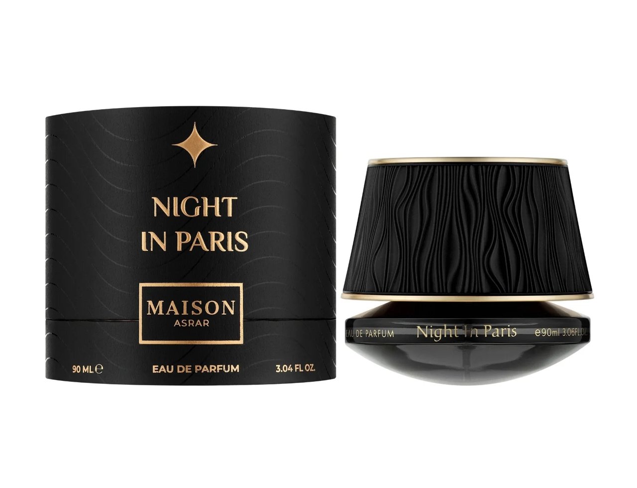 Maison Asrar Night In Paris — Black cylindrical box with gold star and text, next to an open perfume bottle with a textured black lid and gold rim.