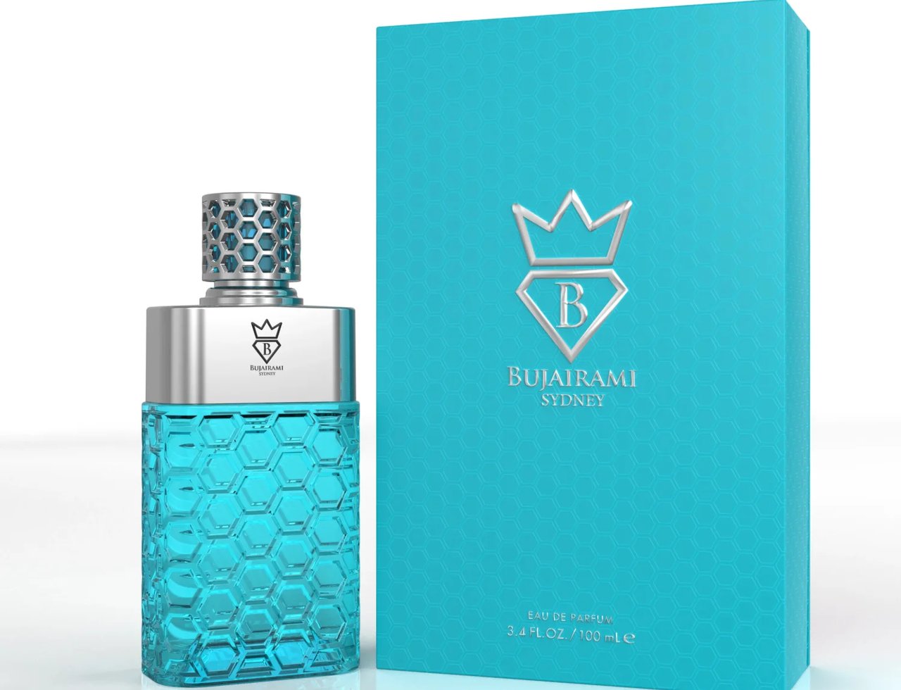 Bujairami No Limit by Bujairami 100ml EDP Unisex — Botol kaca biru telus dengan corak sarang lebah, penutup perak berlubang, dan kotak biru terang dengan logo mahkota dan berlian.