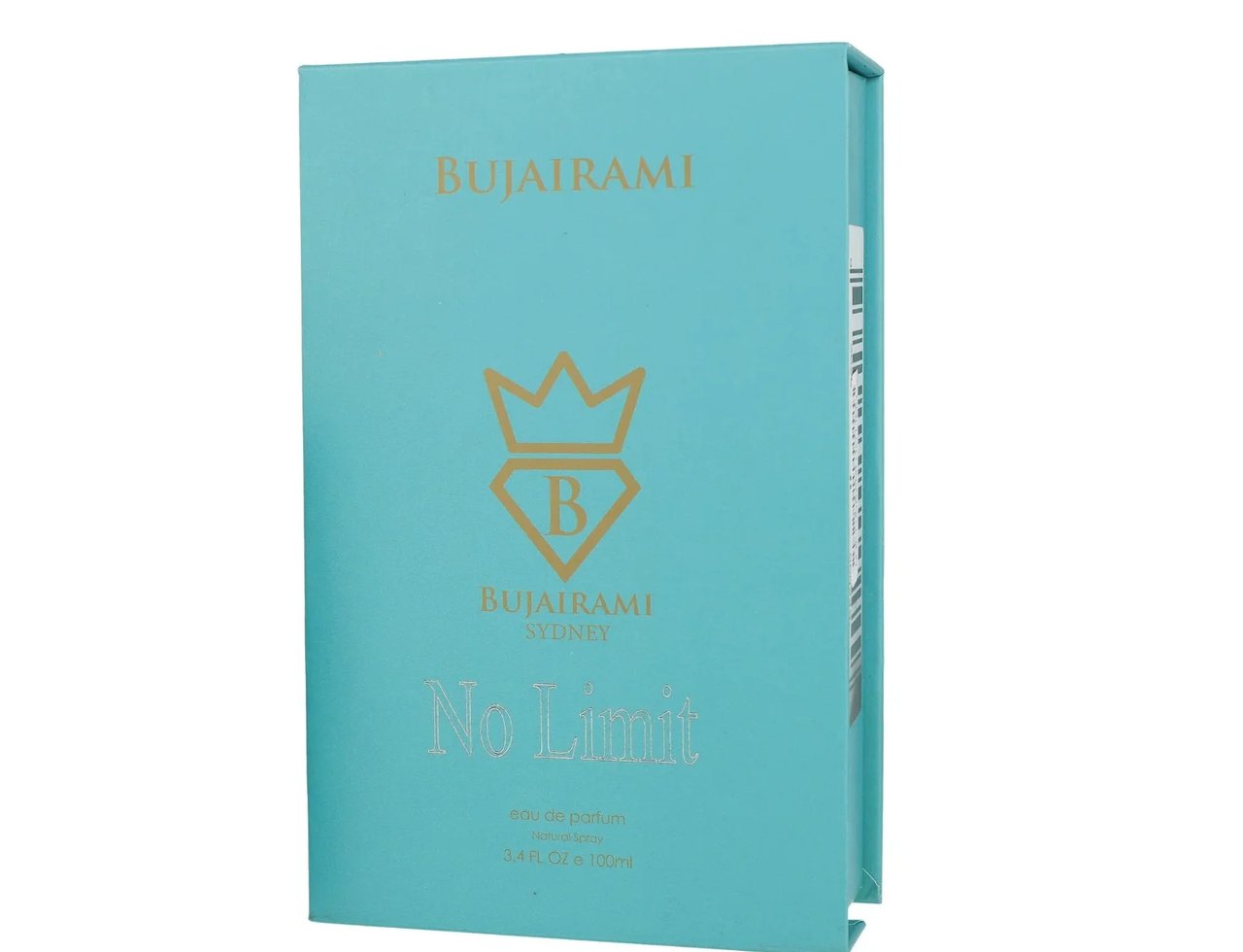 Bujairami No Limit — Teal box with gold "B" logo and text "BUJAIRAMI SYDNEY" and "No Limit" | Bujairami No Limit — Kotak teal dengan logo "B" emas dan teks "BUJAIRAMI SYDNEY" dan "No Limit"