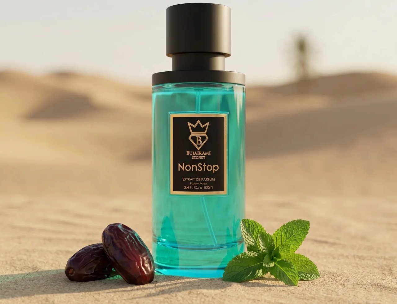 Bujairami Non Stop by Bujairami 100ml Extrait — Botol minyak wangi kaca teal bertudung hitam, di atas pasir gurun dengan buah kurma dan daun pudina di hadapan.