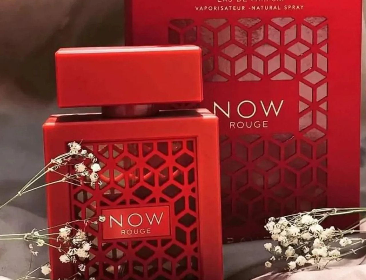 Rave Now Rouge Perfume EDP 100ml by RAVE — Botol dan kotak wangian merah terang dengan corak geometri berlubang, dihiasi bunga kering putih kecil di kedua-dua sisi.