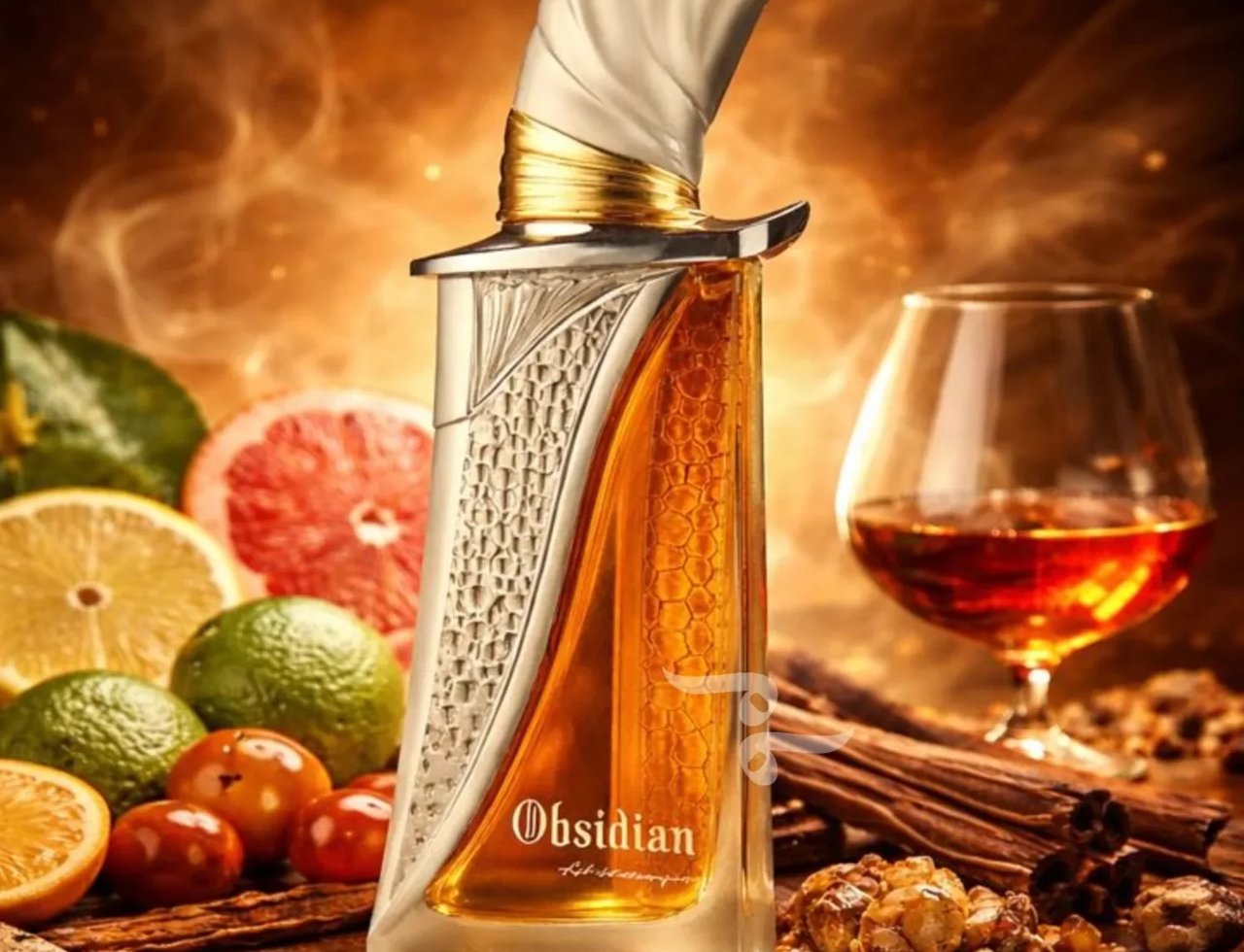 French Avenue Obsidian Eau De Parfum 100ml Unisex — Botol minyak wangi tinggi berbentuk segi empat dengan penutup perak dan emas berukir, berisi cecair perang, terletak di atas permukaan kayu dikelilingi buah sitrus, batang kayu manis, dan segelas cecair perang.