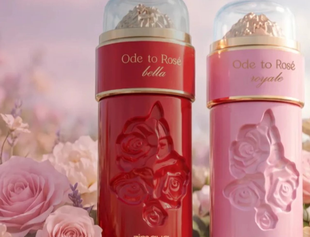 Zimaya Ode to Rose Royale Eau De Parfum 100ml by Zimaya — Two perfume bottles, one red and one pink, with rose embossed designs and clear caps containing gold-colored material, set against a soft focus background of pink and white roses. | Zimaya Ode to Rose Royale Eau De Parfum 100ml by Zimaya — Dua botol minyak