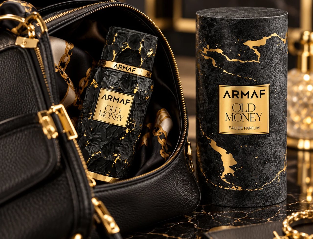 Armaf Old Money by Armaf 100ml EDP Unisex — Botol hitam bertekstur dengan aksen emas di dalam beg tangan kulit hitam, bersebelahan kotak silinder dan gelang emas.