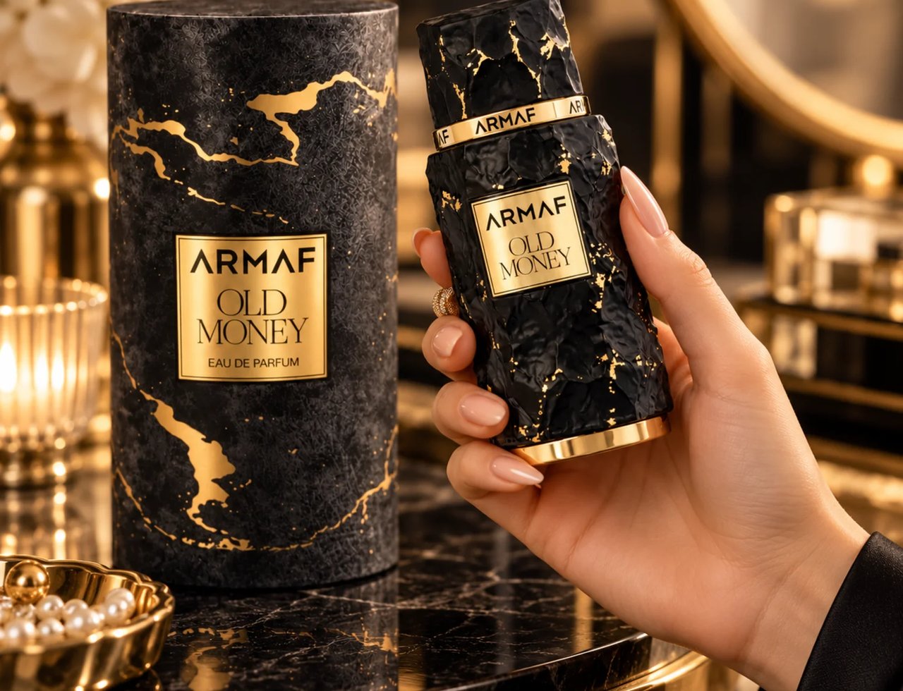 Armaf Old Money by Armaf 100ml EDP Unisex — A hand holds a textured black and gold perfume bottle, with its matching cylindrical box and a small dish of pearls in the foreground.