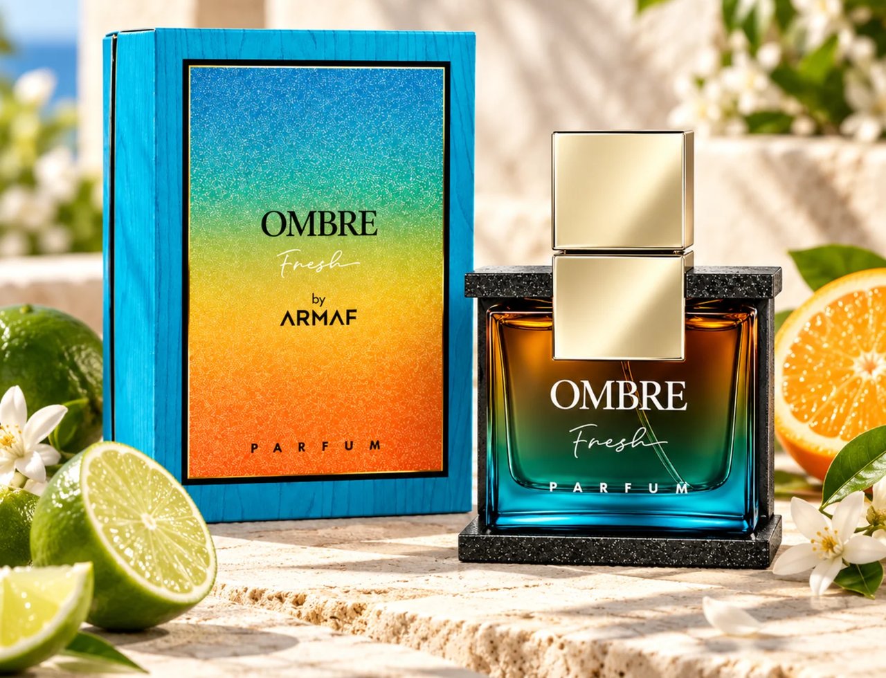 Armaf Ombre Fresh by Armaf 100ml EDP Unisex — Kotak biru ombre dengan tulisan emas di sebelah botol minyak wangi kaca bertutup emas, dikelilingi limau, hirisan oren, dan bunga putih.