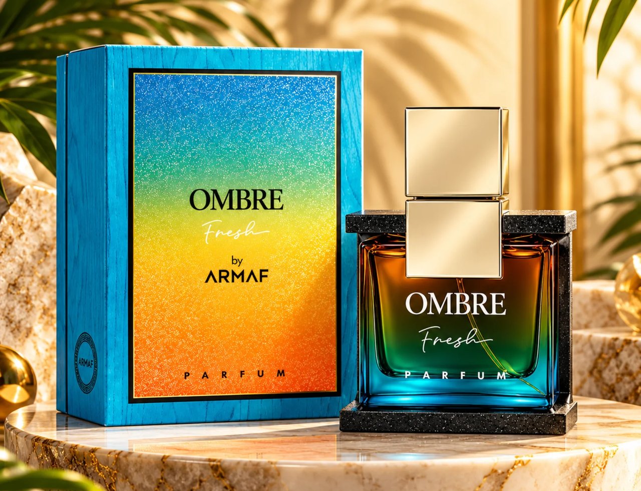 Armaf Ombre Fresh by Armaf 100ml EDP Unisex — Blue and gradient box next to a glass perfume bottle with gold cap, on a marble surface with palm leaves and shadows.