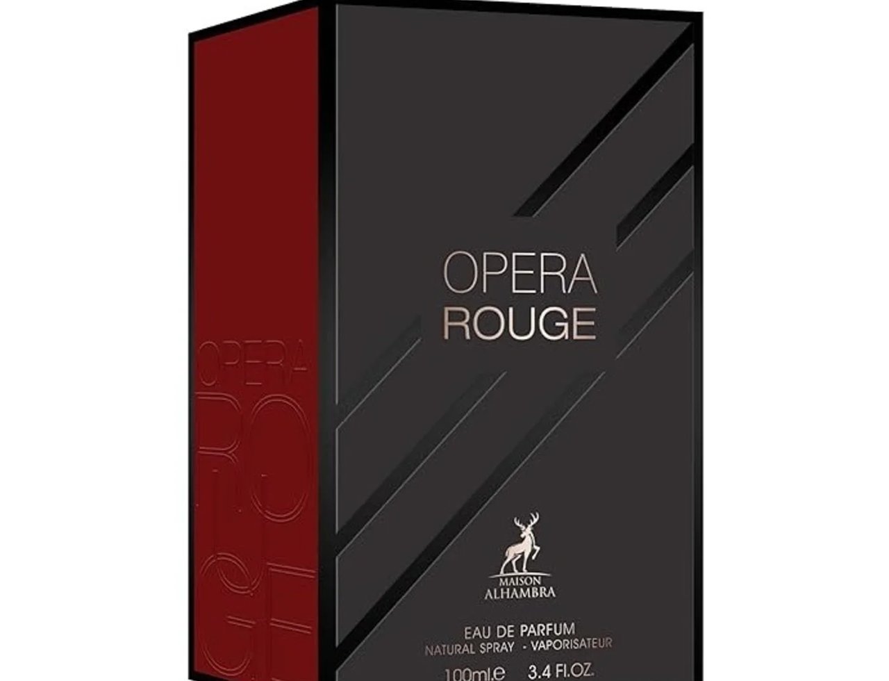 Maison Alhambra Opera Rouge by Maison Alhambra for Women 100ml — A black and red perfume box with "OPERA ROUGE" text and a deer logo on the front. | Maison Alhambra Opera Rouge oleh Maison Alhambra untuk Wanita 100ml — Kotak minyak wangi hitam dan merah dengan teks "OPERA ROUGE" dan logo rusa di hadapan.